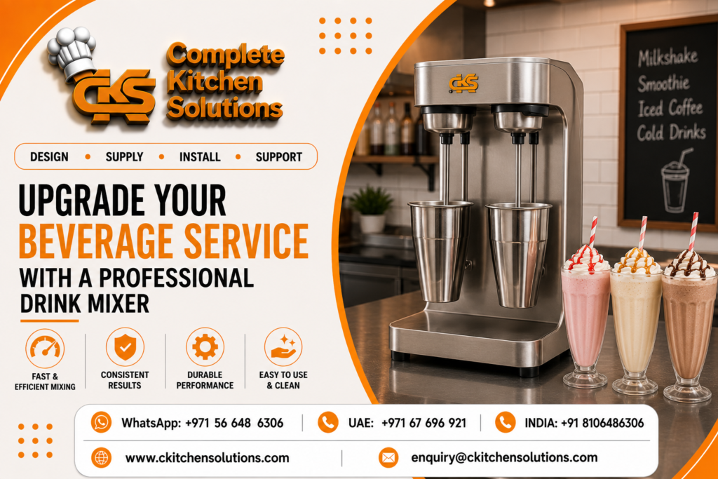 A promotional banner for "Complete Kitchen Solutions" titled "Upgrade Your Beverage Service with a Professional Drink Mixer," featuring a dual-spindle stainless steel commercial drink mixer with stainless steel cups alongside three prepared milkshakes topped with whipped cream and syrup on a countertop.
