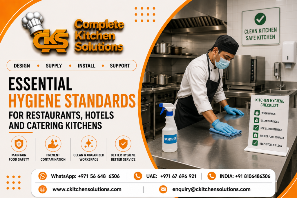 A promotional banner for "Complete Kitchen Solutions" titled "Essential Hygiene Standards for Restaurants, Hotels and Catering Kitchens," featuring a chef wearing a face mask, cap, and blue gloves wiping down a stainless steel countertop with a microfibre cloth next to a sanitizer spray bottle and a kitchen hygiene checklist sign.