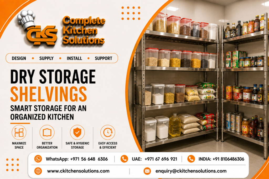 A promotional banner for "Complete Kitchen Solutions" titled "Dry Storage Shelvings: Smart Storage for an Organized Kitchen," featuring heavy-duty stainless steel shelving racks stocked with clear food storage containers, bulk ingredients, and canned goods in a commercial pantry.