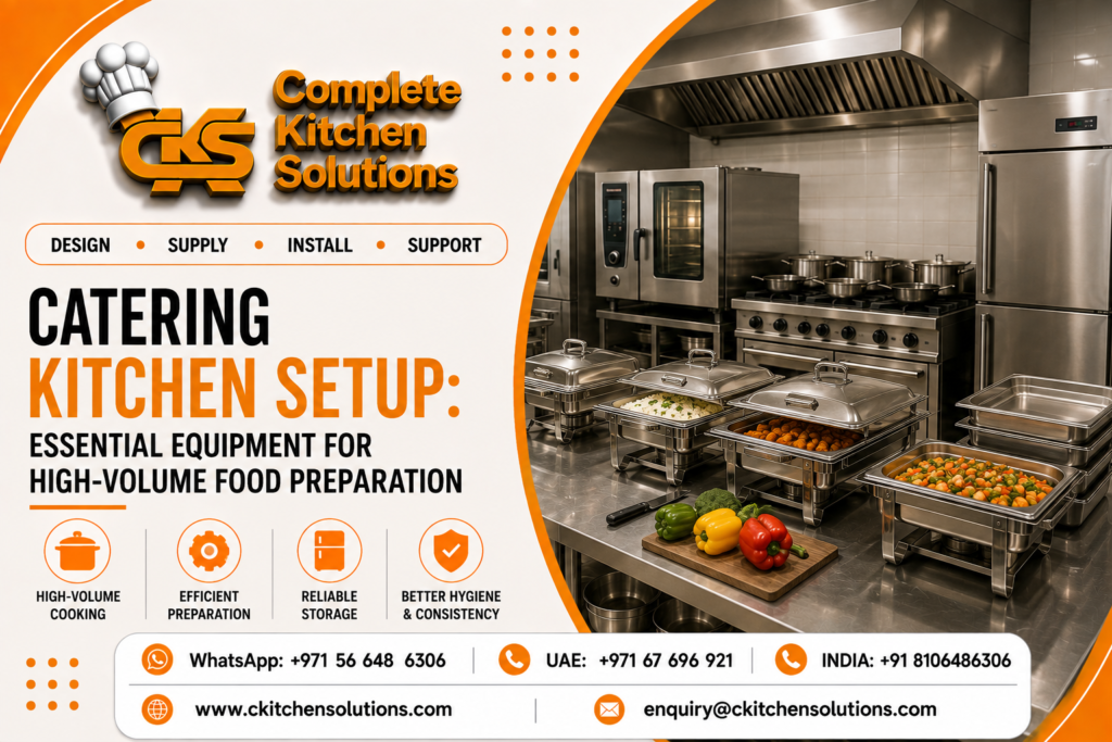 A promotional banner for "Complete Kitchen Solutions" titled "Catering Kitchen Setup: Essential Equipment for High-Volume Food Preparation," featuring stainless steel chafing dishes filled with food, fresh peppers on a cutting board, a multi-burner gas range, a combi oven, and an upright refrigerator in a commercial catering kitchen setup.