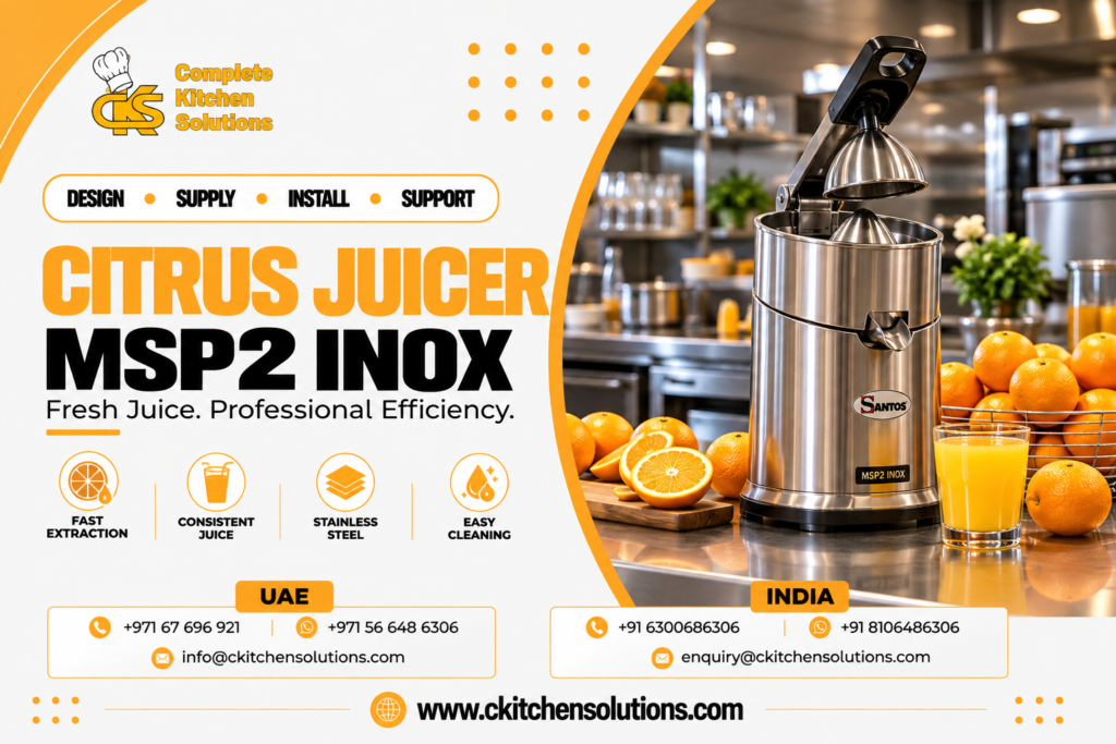 A promotional banner for "Complete Kitchen Solutions" titled "Citrus Juicer MSP2 INOX: Fresh Juice. Professional Efficiency," showing a stainless steel Santos commercial lever citrus juicer next to a glass of fresh orange juice, whole and halved oranges, and a wire fruit basket on a bar counter.