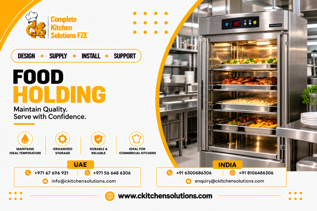 A promotional banner for "Complete Kitchen Solutions FZE" titled "Food Holding: Maintain Quality. Serve with Confidence," featuring a commercial upright Henny Penny stainless steel heated holding cabinet with a transparent glass door, digital temperature display set to 85°C, and multiple wire shelves holding hot pans of roasted chickens, steamed vegetables, and sides in a restaurant kitchen.