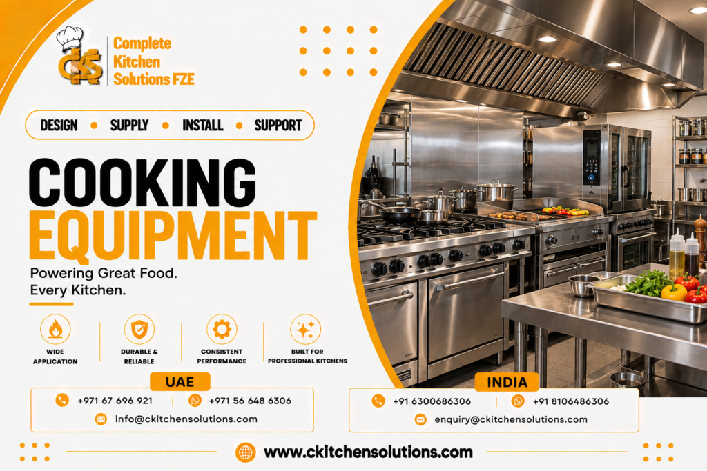 A promotional banner for "Complete Kitchen Solutions FZE" titled "Cooking Equipment: Powering Great Food. Every Kitchen," featuring an industrial commercial kitchen line complete with heavy-duty gas ranges, undercounter ovens, a flat-top griddle with sizzling food, combi ovens, an expansive overhead canopy hood, and a foreground prep table with fresh ingredients.