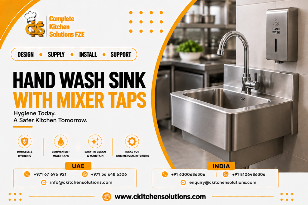 A promotional banner for "Complete Kitchen Solutions FZE" titled "Hand Wash Sink With Mixer Taps: Hygiene Today. A Safer Kitchen Tomorrow," featuring a wall-mounted commercial stainless steel hand washing sink with a gooseneck mixer faucet and a wall-mounted stainless steel hand wash soap dispenser in a professional kitchen setting.