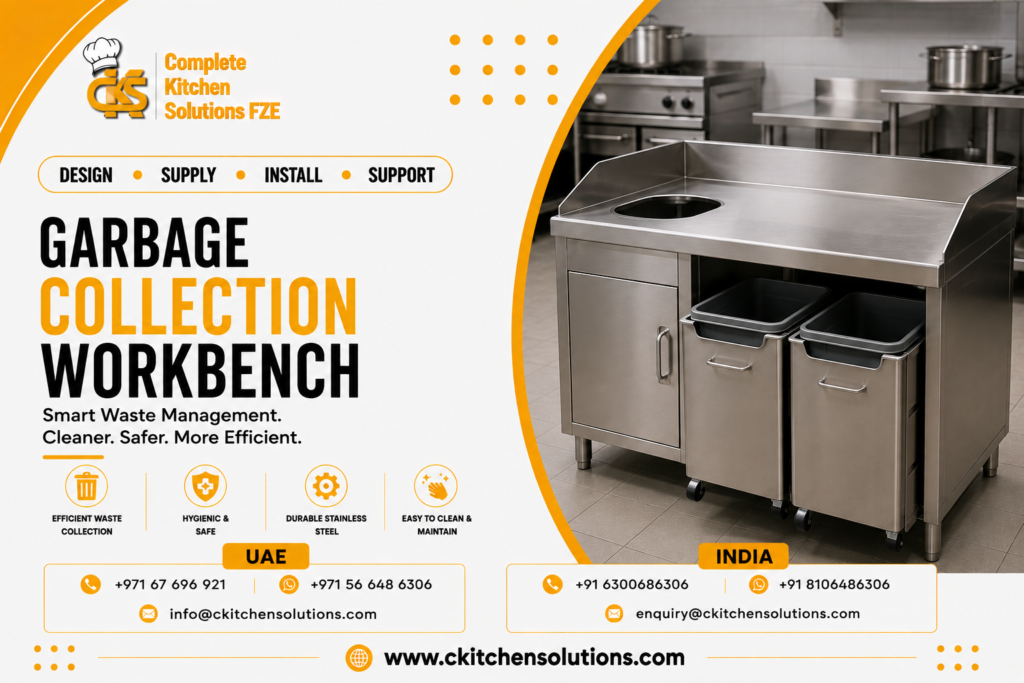 A promotional banner for "Complete Kitchen Solutions FZE" titled "Garbage Collection Workbench: Smart Waste Management. Cleaner. Safer. More Efficient," featuring a stainless steel commercial prep worktable equipped with an integrated top waste chute, a side storage cabinet, and two pull-out mobile waste bin trollies in a kitchen setting.