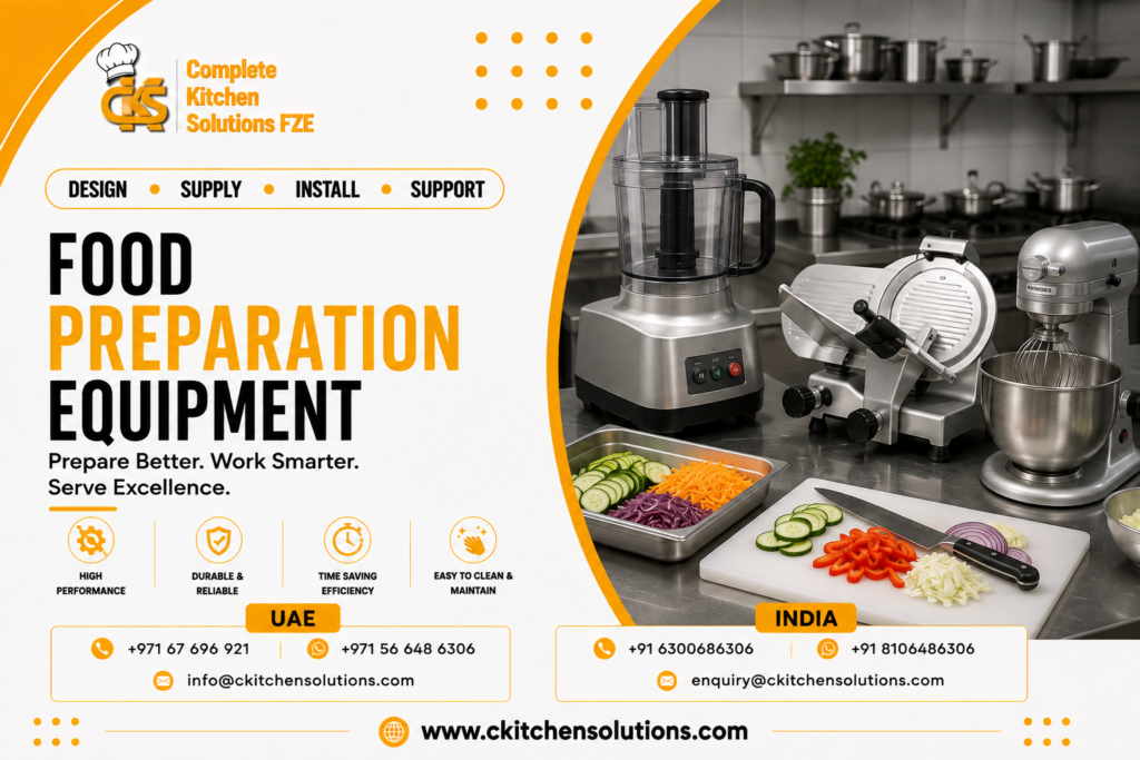 A promotional banner for "Complete Kitchen Solutions FZE" titled "Food Preparation Equipment: Prepare Better. Work Smarter. Serve Excellence," featuring commercial food prep machinery including a food processor, electric meat and vegetable slicer, countertop planetary mixer, and prepped sliced vegetables on a stainless steel worktable.