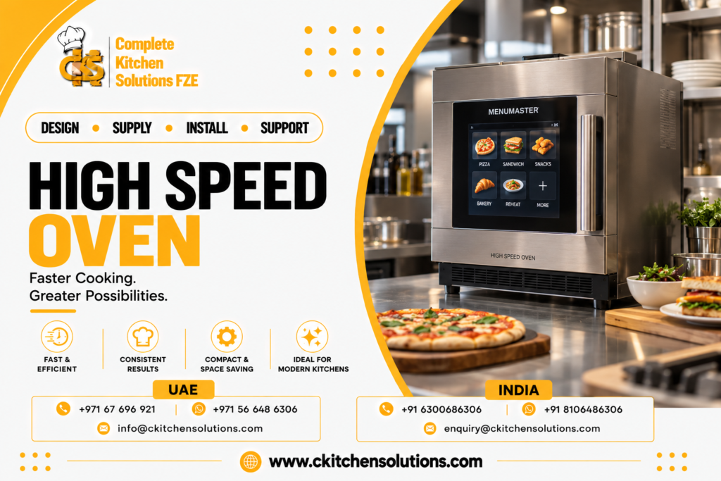 A promotional banner for "Complete Kitchen Solutions FZE" titled "High Speed Oven: Faster Cooking. Greater Possibilities," featuring a countertop stainless steel Menumaster commercial high-speed accelerated cooking oven with a large color touchscreen, alongside a freshly baked pizza, toasted club sandwich, and side salad on a commercial kitchen preparation counter.