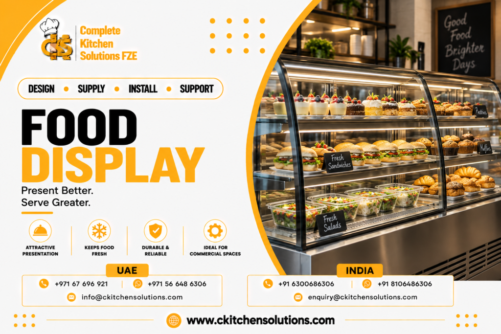 A promotional banner for "Complete Kitchen Solutions FZE" titled "Food Display: Present Better. Serve Greater," featuring an illuminated multi-tier curved glass commercial refrigerated display showcase loaded with desserts, parfaits, fresh sandwiches, packaged salads, pastries, and croissants in a modern bakery cafe setting.