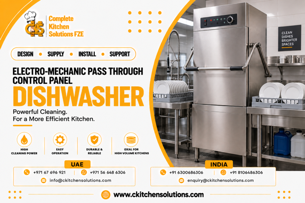 A promotional banner for "Complete Kitchen Solutions FZE" titled "Electro-Mechanic Pass Through Control Panel Dishwasher: Powerful Cleaning. For a More Efficient Kitchen," featuring a heavy-duty commercial hood-type pass-through dishwasher with stainless steel tabling, wash racks loaded with white plates, a pre-rinse spray arm faucet, and warewashing chemical containers in a dish room.