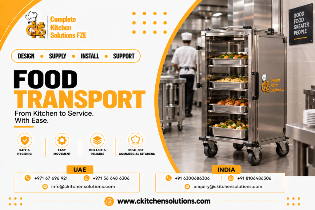 A promotional banner for "Complete Kitchen Solutions FZE" titled "Food Transport: From Kitchen to Service. With Ease," showcasing a heavy-duty stainless steel mobile food transport banquet trolley with heavy-duty swivel casters loaded with tiered gastronorm pans of hot food, set inside a commercial restaurant kitchen with a chef in the background.