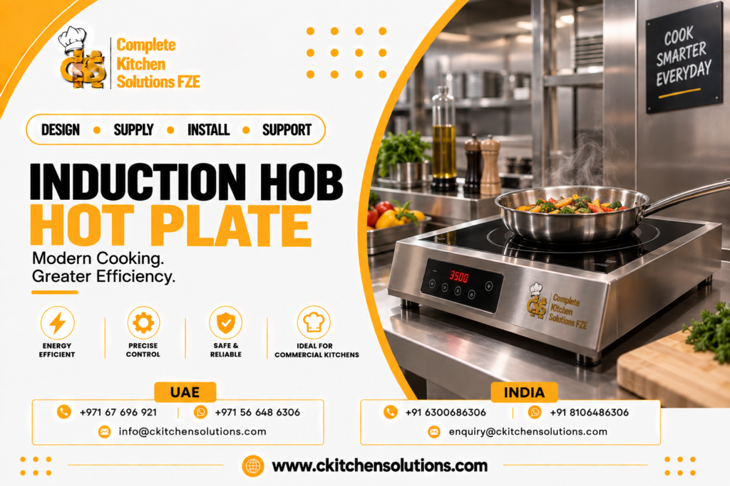 A promotional banner for "Complete Kitchen Solutions FZE" titled "Induction Hob Hot Plate: Modern Cooking. Greater Efficiency," featuring a commercial stainless steel countertop induction cooker with a digital LED display showing 3500W, cooking a steaming pan of sauteed vegetables on a professional kitchen line.