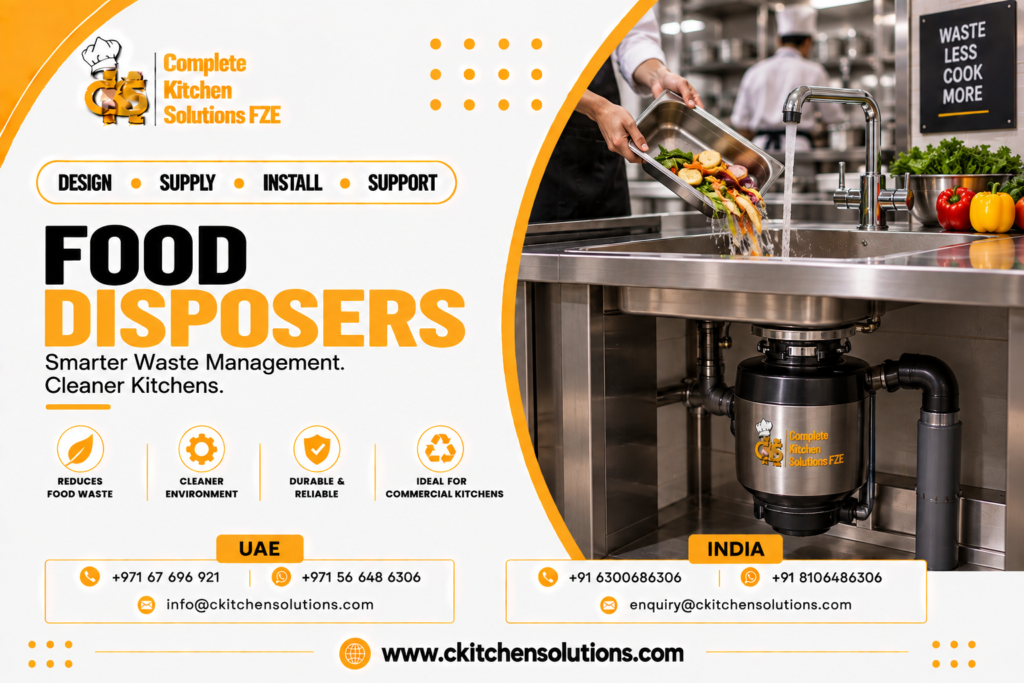 A promotional banner for "Complete Kitchen Solutions FZE" titled "Food Disposers: Smarter Waste Management. Cleaner Kitchens," showcasing a commercial under-sink food waste disposer unit installed beneath a stainless steel sink bowl, with a chef scraping vegetable scraps from an insert pan under running water in a professional kitchen.