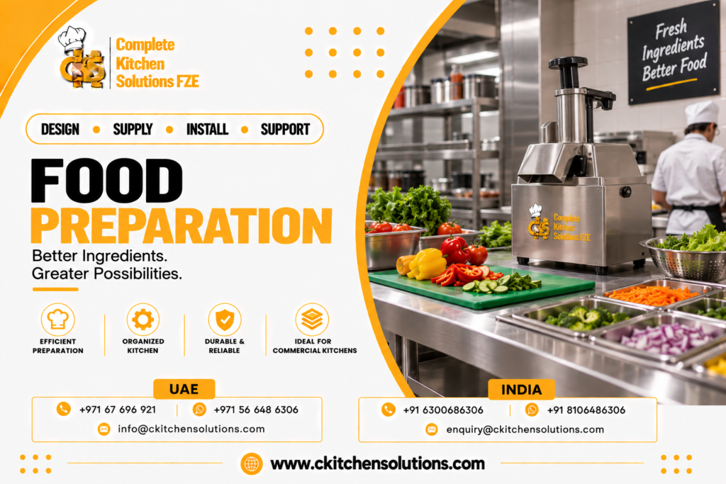 A promotional banner for "Complete Kitchen Solutions FZE" titled "Food Preparation: Better Ingredients. Greater Possibilities," featuring a commercial stainless steel countertop vegetable cutter and food processor machine beside a green prep cutting board and inset gastronorm pans filled with prepped vegetables in a professional kitchen.