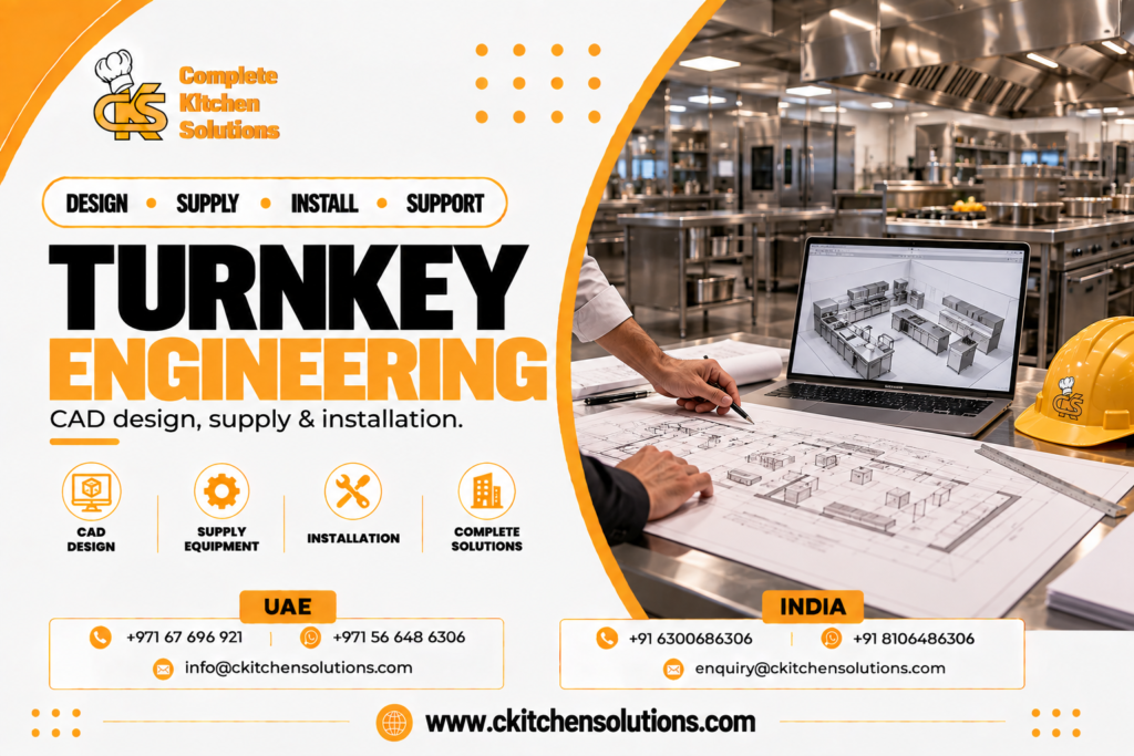A promotional banner for "Complete Kitchen Solutions" titled "Turnkey Engineering: CAD design, supply & installation," showing engineers planning an industrial kitchen layout over architectural blueprints next to a laptop displaying a 3D kitchen model and a branded yellow hard hat.