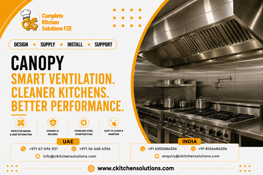A promotional banner for "Complete Kitchen Solutions FZE" titled "Canopy: Smart Ventilation. Cleaner Kitchens. Better Performance," featuring an industrial stainless steel exhaust hood canopy with baffle grease filters mounted over a heavy-duty multi-burner commercial gas cooking range suite with stockpots.