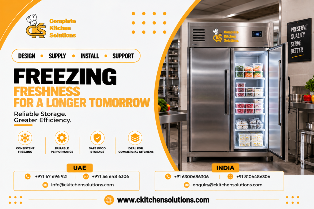 A promotional banner for "Complete Kitchen Solutions" titled "Freezing Freshness for a Longer Tomorrow: Reliable Storage. Greater Efficiency," featuring a heavy-duty commercial stainless steel upright reach-in double-door freezer with the right door open, displaying illuminated wire shelves packed with organized frozen vegetables, meats, and bulk food containers in an industrial kitchen.