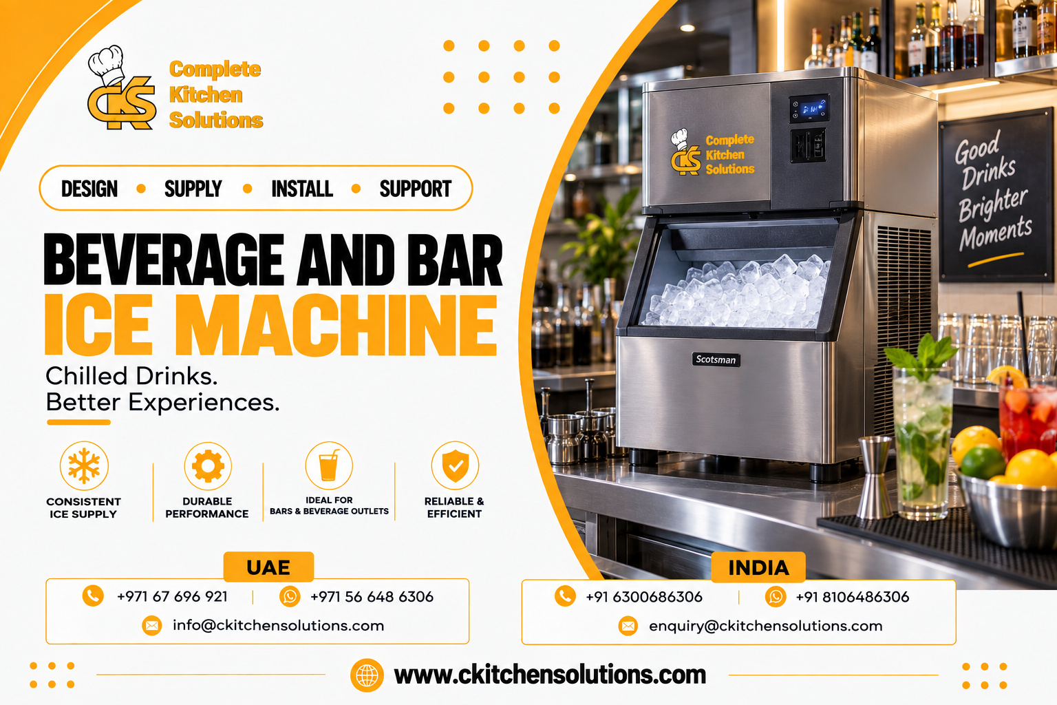 A promotional banner for "Complete Kitchen Solutions" titled "Beverage and Bar Ice Machine: Chilled Drinks. Better Experiences," showcasing a commercial stainless steel Scotsman modular ice maker mounted on an open storage bin brimming with crystal clear ice cubes, displayed beside a cocktail jigger, fresh mint mojito, and citrus garnish bowl on a bar counter.