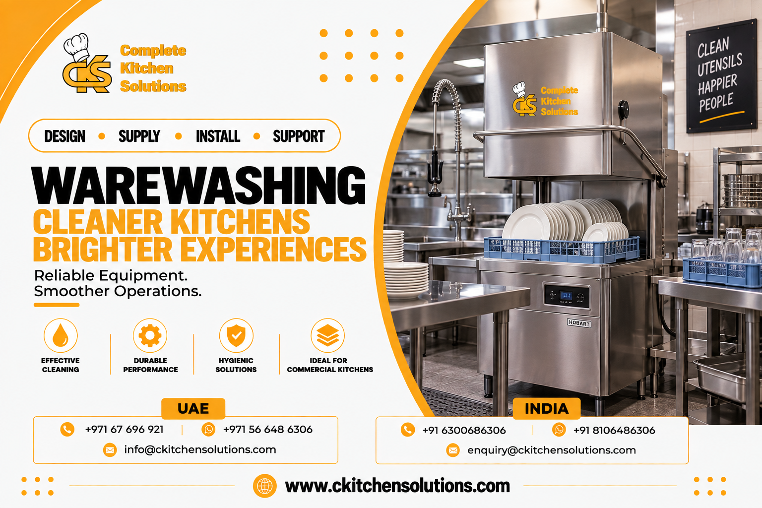 A promotional banner for "Complete Kitchen Solutions" titled "Warewashing: Cleaner Kitchens Brighter Experiences. Reliable Equipment. Smoother Operations," showcasing a commercial stainless steel Hobart hood-type pass-through dishwasher with its hood raised over a blue wash rack filled with clean white plates, connected stainless steel dish tables, an overhead pre-rinse sprayer, and glass racks in a modern dishwashing room.