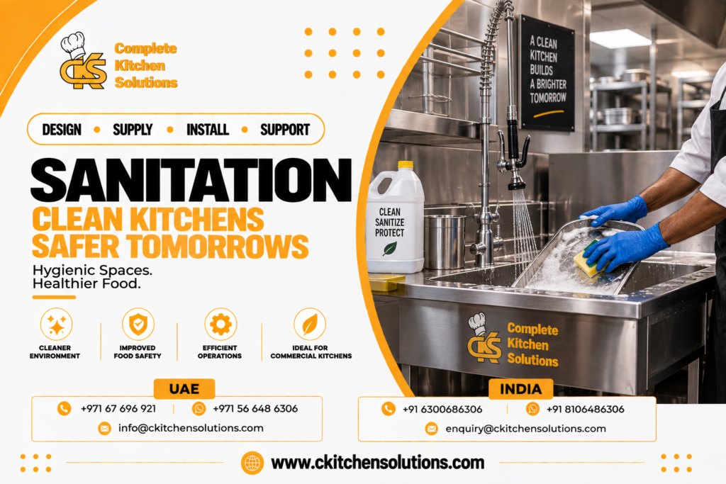 A promotional banner for "Complete Kitchen Solutions" titled "Sanitation: Clean Kitchens Safer Tomorrows. Hygienic Spaces. Healthier Food," featuring a commercial stainless steel sink basin where a kitchen worker wearing blue gloves washes a gastronorm tray with a sponge beneath an overhead pre-rinse spray arm faucet, alongside sanitation chemical jugs and stainless steel cookware shelving in a professional dish room.