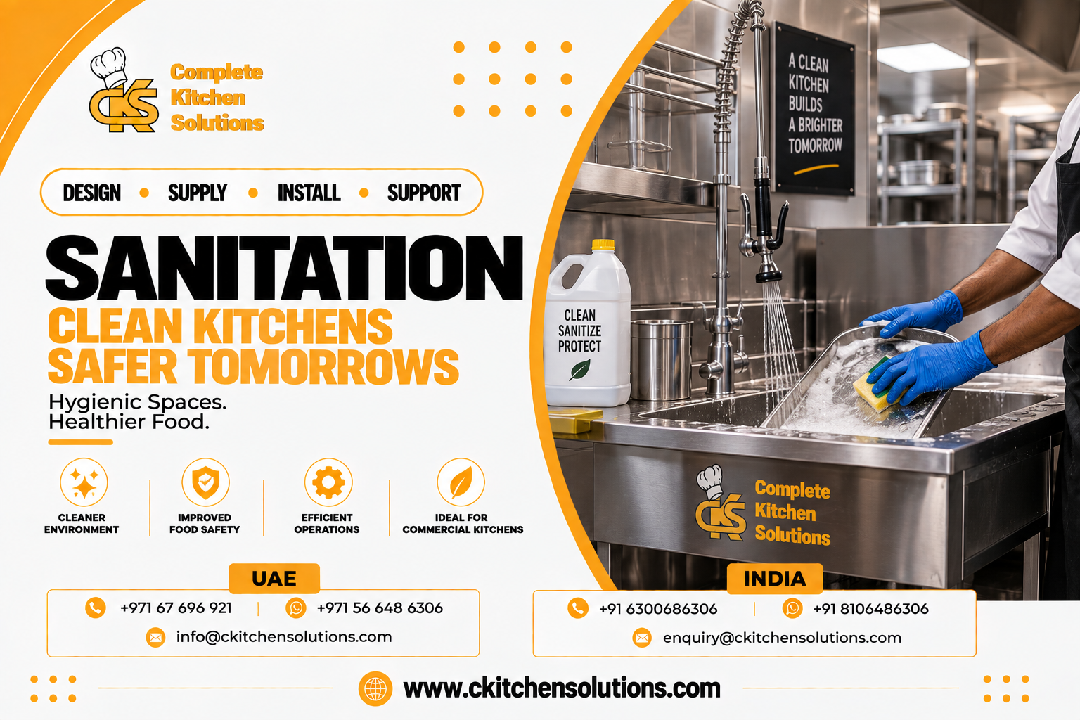 A promotional banner for "Complete Kitchen Solutions" titled "Sanitation: Clean Kitchens Safer Tomorrows. Hygienic Spaces. Healthier Food," featuring a commercial stainless steel sink basin where a kitchen worker wearing blue gloves washes a gastronorm tray with a sponge beneath an overhead pre-rinse spray arm faucet, alongside sanitation chemical jugs and stainless steel cookware shelving in a professional dish room.