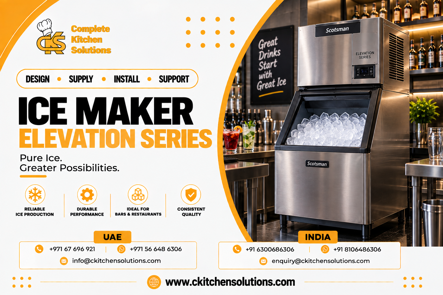 A promotional banner for "Complete Kitchen Solutions" titled "Ice Maker Elevation Series: Pure Ice. Greater Possibilities," showcasing a heavy-duty commercial stainless steel Scotsman Elevation Series modular ice machine mounted on an open storage bin full of clear gourmet ice cubes, situated in an upscale bar setting with prepared cocktails and liquor shelves in the background.