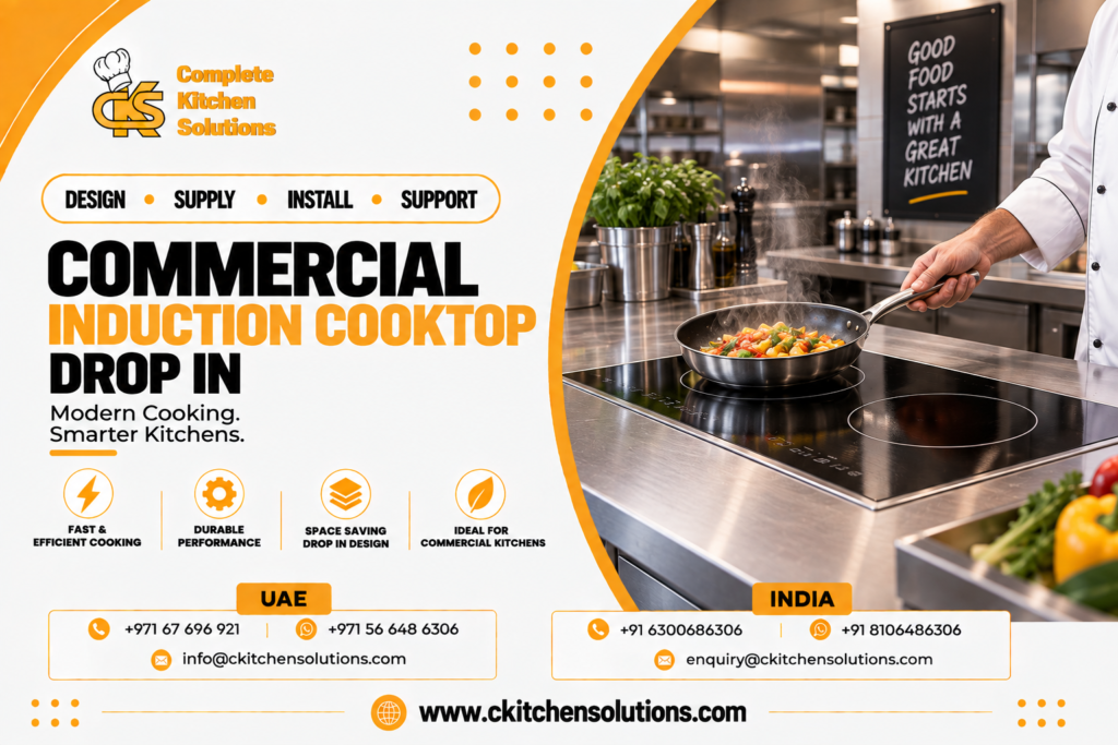 A promotional banner for "Complete Kitchen Solutions" titled "Commercial Induction Cooktop Drop In: Modern Cooking. Smarter Kitchens," featuring a built-in flush stainless steel drop-in induction hob where a chef in uniform tosses a steaming pan of sauteed vegetables on an active induction zone within an industrial kitchen.