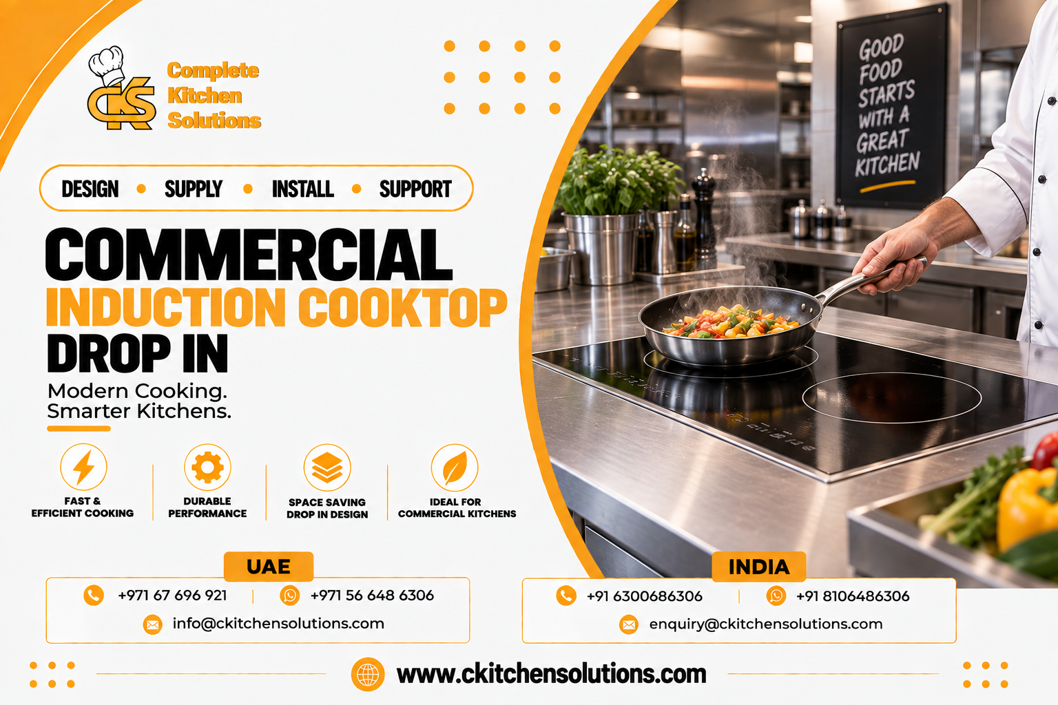 A promotional banner for "Complete Kitchen Solutions" titled "Commercial Induction Cooktop Drop In: Modern Cooking. Smarter Kitchens," featuring a built-in flush stainless steel drop-in induction hob where a chef in uniform tosses a steaming pan of sauteed vegetables on an active induction zone within an industrial kitchen.
