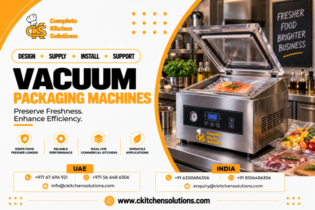 A promotional banner for "Complete Kitchen Solutions" titled "Vacuum Packaging Machines: Preserve Freshness. Enhance Efficiency," showcasing a commercial stainless steel countertop chamber vacuum sealer with an open transparent acrylic lid, holding a vacuum-sealed salmon fillet with lemon and dill, alongside sealed beef steaks and mixed peppers in a commercial kitchen setting.