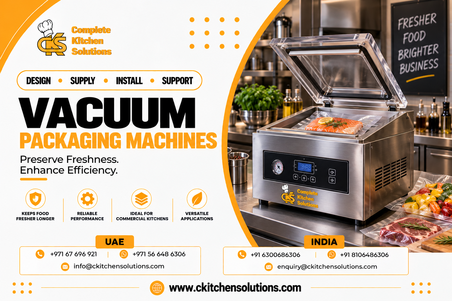 A promotional banner for "Complete Kitchen Solutions" titled "Vacuum Packaging Machines: Preserve Freshness. Enhance Efficiency," showcasing a commercial stainless steel countertop chamber vacuum sealer with an open transparent acrylic lid, holding a vacuum-sealed salmon fillet with lemon and dill, alongside sealed beef steaks and mixed peppers in a commercial kitchen setting.