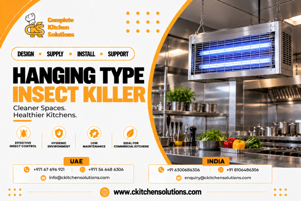 A banner for "Complete Kitchen Solutions" showing an overhead ceiling-suspended stainless steel UV insect killer over commercial prep counters.