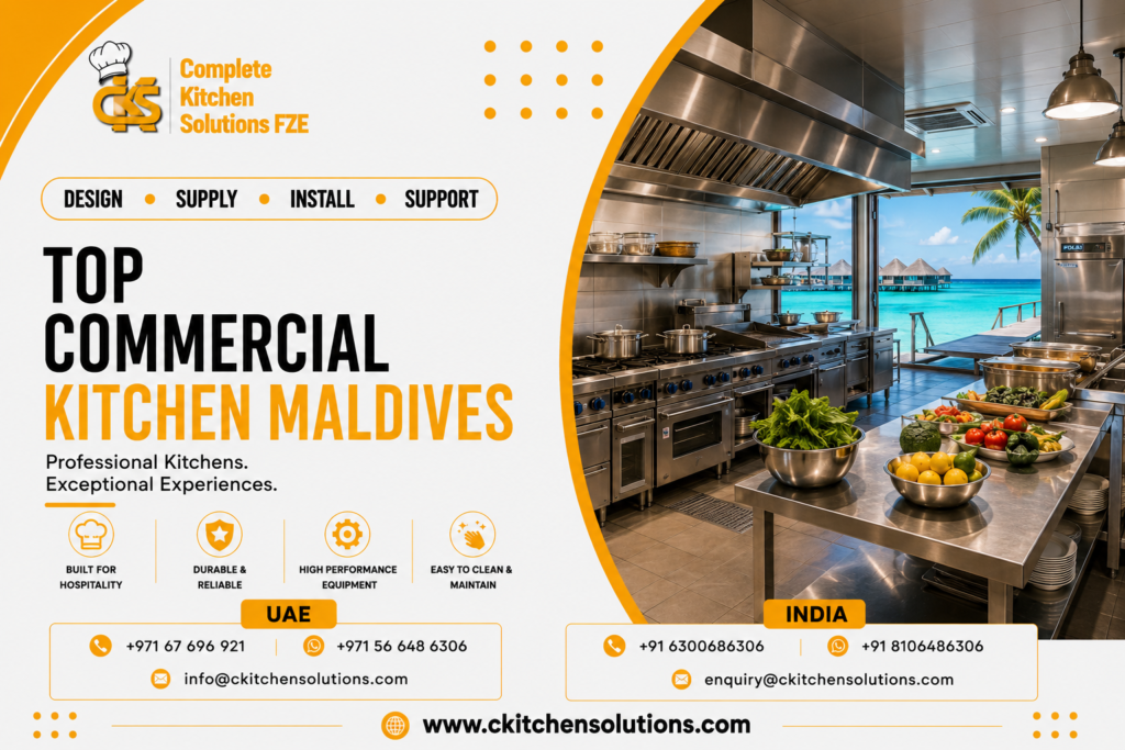 A promotional banner for "Complete Kitchen Solutions FZE" titled "Top Commercial Kitchen Maldives: Professional Kitchens. Exceptional Experiences," showcasing an open-air luxury resort commercial kitchen with heavy-duty stainless steel cooking ranges, ventilation hoods, and central prep tables overlooking turquoise Maldivian waters and overwater villas.