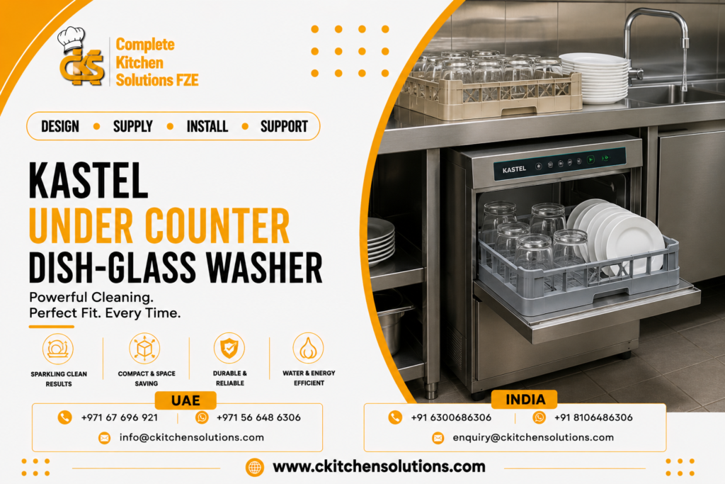 A promotional banner for "Complete Kitchen Solutions FZE" titled "Kastel Under Counter Dish-Glass Washer: Powerful Cleaning. Perfect Fit. Every Time," featuring an undercounter stainless steel Kastel commercial dish and glass washer with an open drop-down door, loaded wash rack holding clean drinking glasses and white ceramic plates, beneath a commercial sink and dishwashing station.