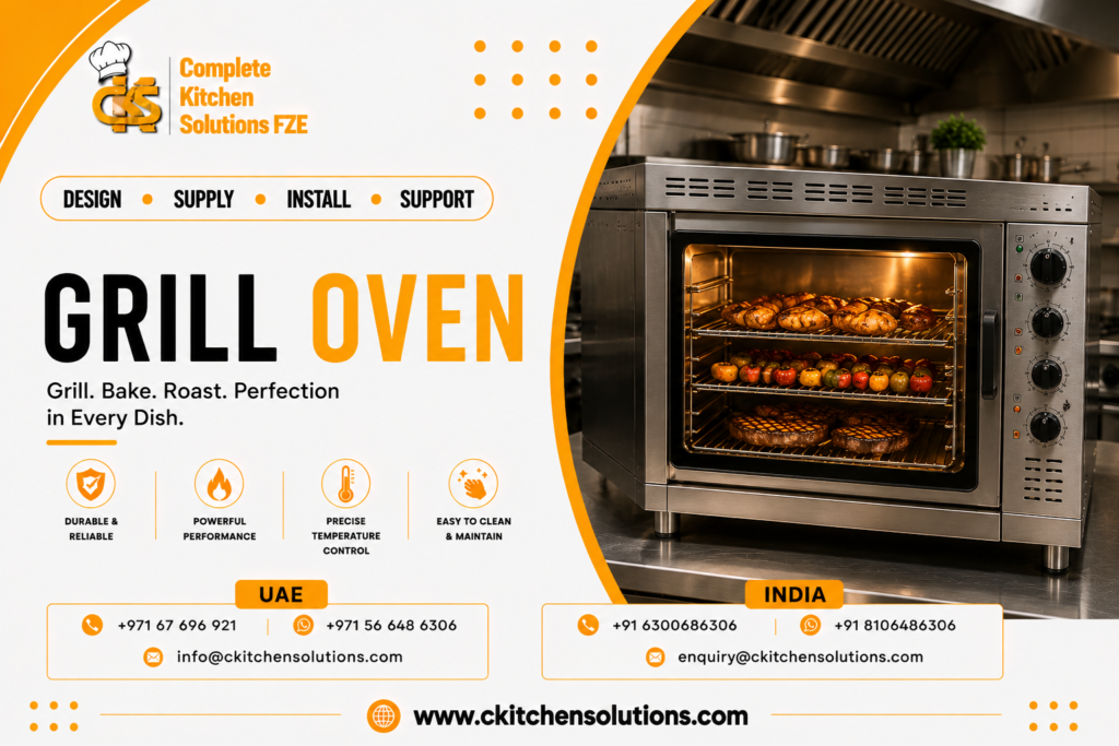 A promotional banner for "Complete Kitchen Solutions FZE" titled "Grill Oven: Grill. Bake. Roast. Perfection in Every Dish," showcasing a commercial stainless steel countertop grill oven with an illuminated multi-rack glass viewing chamber cooking whole roasted potatoes, skewers of colorful vegetables, and grilled meats in a restaurant kitchen.