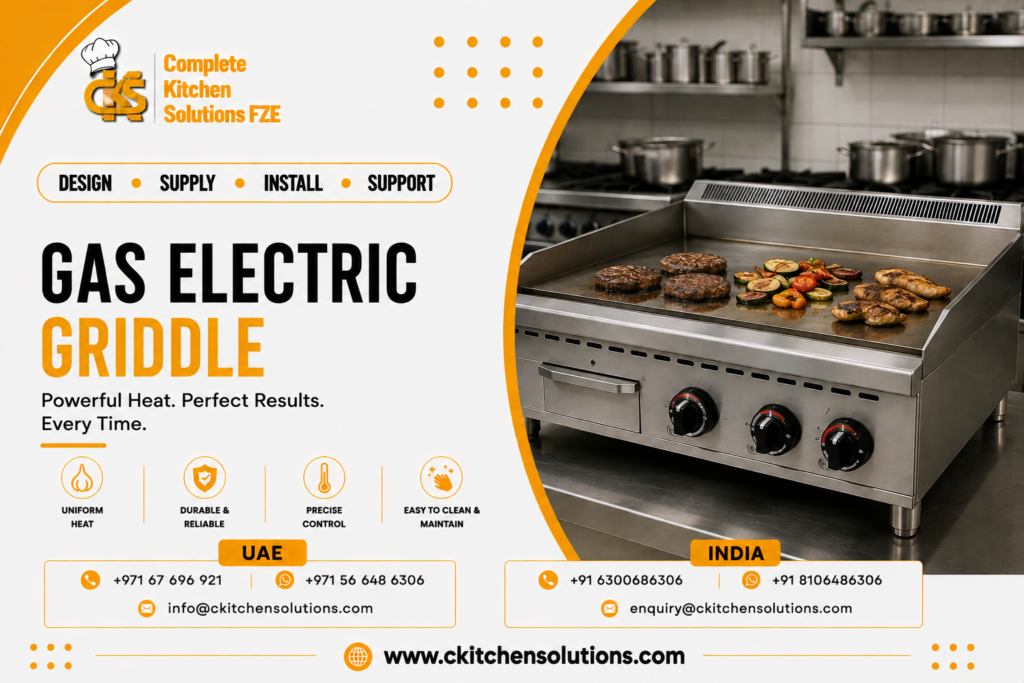 A promotional banner for "Complete Kitchen Solutions FZE" titled "Gas Electric Griddle: Powerful Heat. Perfect Results. Every Time," featuring a heavy-duty stainless steel commercial countertop flat-top griddle actively cooking burger patties, sliced vegetables, and grilled chicken fillets in a commercial kitchen line.