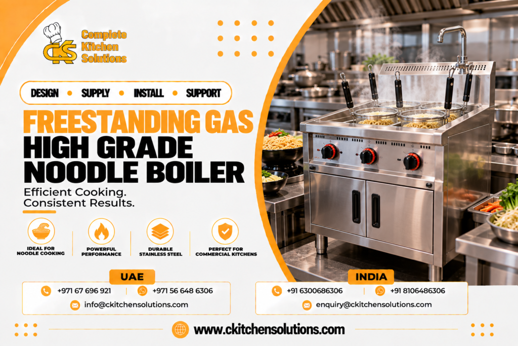 A promotional banner for "Complete Kitchen Solutions" titled "Freestanding Gas High Grade Noodle Boiler: Efficient Cooking. Consistent Results," showcasing a commercial stainless steel gas noodle boiler steaming with mesh strainer baskets beside bowls of cooked noodles in an industrial kitchen.