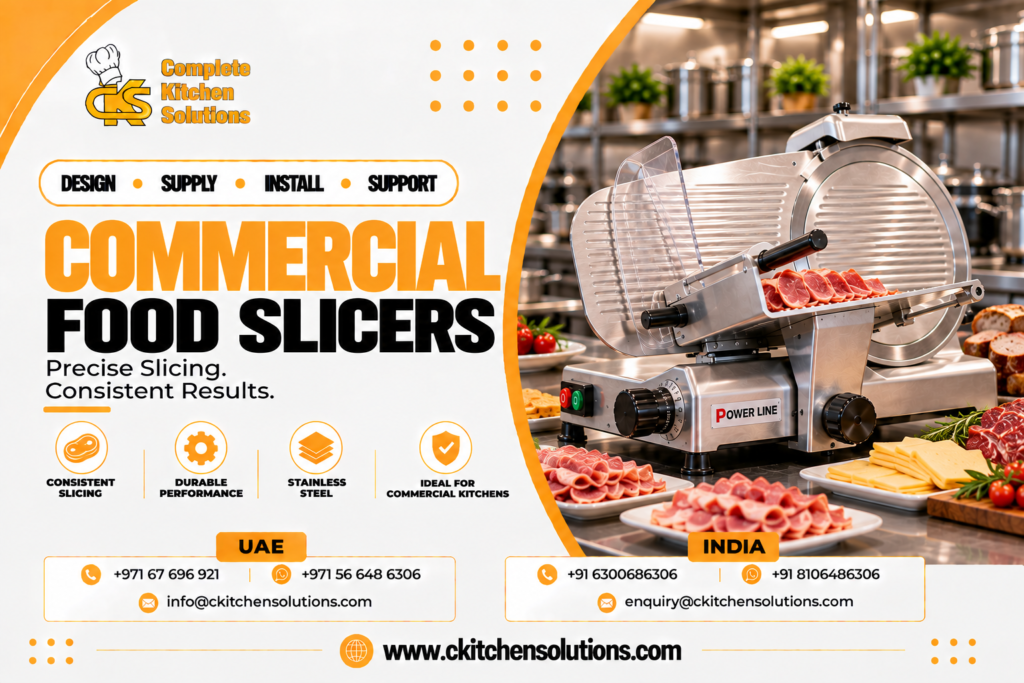 A promotional banner for "Complete Kitchen Solutions" titled "Commercial Food Slicers: Precise Slicing. Consistent Results," showing a commercial Power Line stainless steel gravity-feed electric slicer slicing cured meats beside plates of deli cold cuts and sliced cheese in an industrial kitchen.