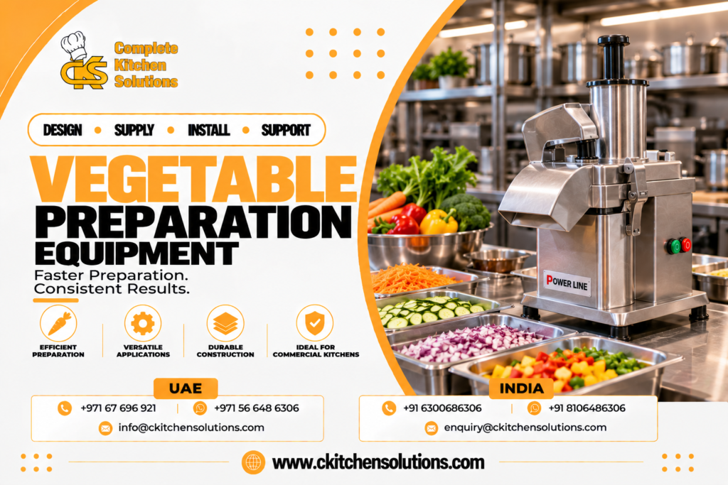 A promotional banner for "Complete Kitchen Solutions" titled "Vegetable Preparation Equipment: Faster Preparation. Consistent Results," showing a commercial Power Line stainless steel continuous-feed vegetable cutter surrounded by metal trays of shredded carrots, sliced cucumbers, diced onions, and peppers on a prep table in an industrial kitchen.