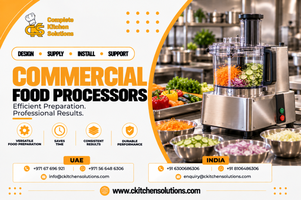 A promotional banner for "Complete Kitchen Solutions" titled "Commercial Food Processors: Efficient Preparation. Professional Results," showcasing a heavy-duty stainless steel commercial food processor with a clear batch bowl filled with sliced vegetables, surrounded by stainless steel prep bowls of shredded carrots, sliced cucumbers, and red onions in an industrial kitchen.