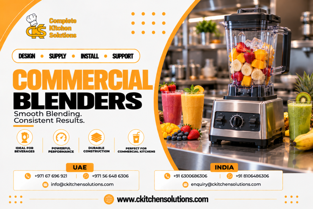 A promotional banner for "Complete Kitchen Solutions" titled "Commercial Blenders: Smooth Blending. Consistent Results," showing a heavy-duty stainless steel commercial countertop blender with a clear jar packed with ice and fruit, surrounded by freshly prepared fruit smoothies on a commercial kitchen prep counter.