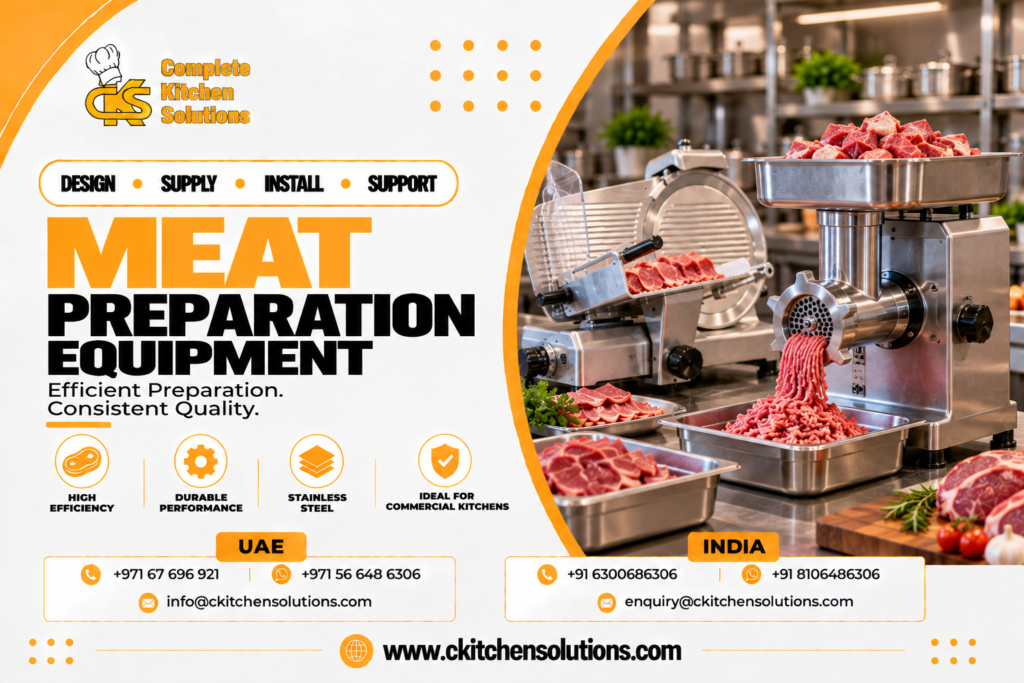 A promotional banner for "Complete Kitchen Solutions" titled "Meat Preparation Equipment: Efficient Preparation. Consistent Quality," showcasing a commercial stainless steel meat mincer grinding raw beef into a tray next to an electric meat slicer in an industrial kitchen.