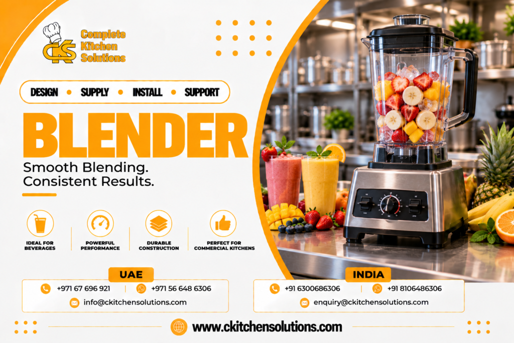 A promotional banner for "Complete Kitchen Solutions" titled "Blender: Smooth Blending. Consistent Results," displaying a commercial countertop blender filled with sliced fruits and ice beside fresh fruit smoothies on a stainless steel bar prep counter in a professional kitchen.